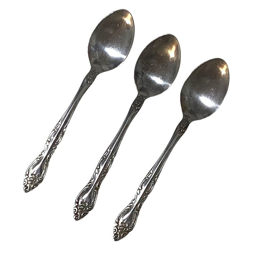 Japan Stainless Steel Dinner‎ Spoon 6.25" Lot of 3 Curvy Lines Floral Design